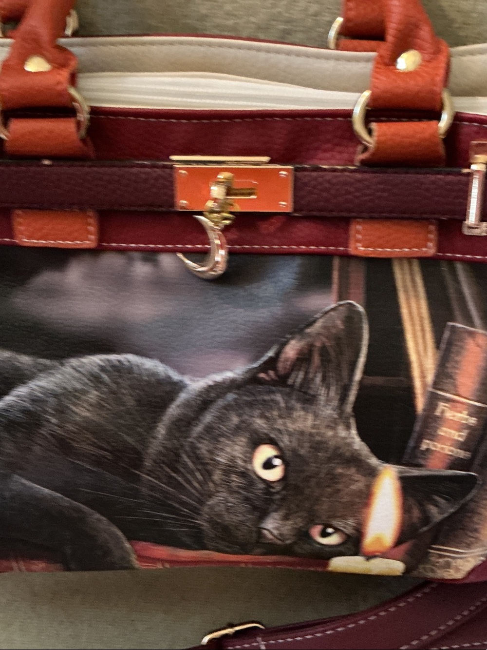 The Bradford Exchange Black Cat Satchel in Burgundy, Orange and Cream - Picture 3 of 9